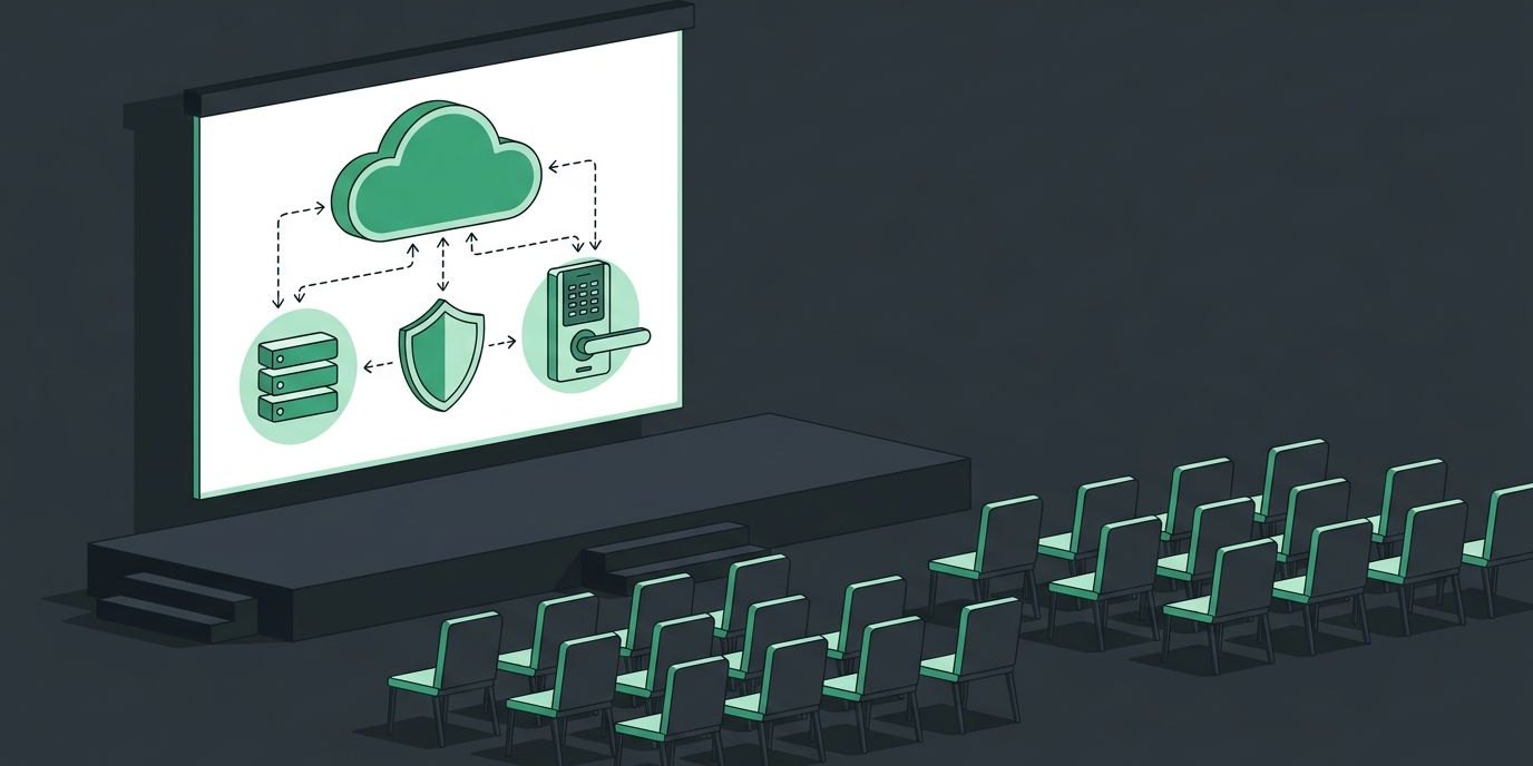 Illustration: a presentation stage with a large screen showing a cloud connected to a shield and a door reader