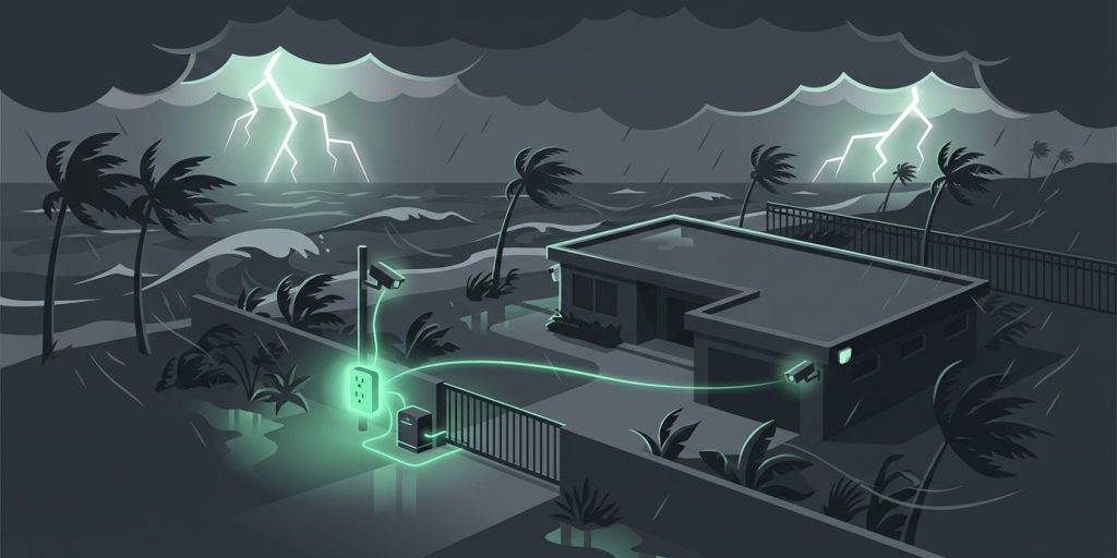Hurricane Season & Security Systems: Why Surge Protection Is Non-Negotiable for Property Managers cover illustration Illustration: a Florida property under a hurricane with dark clouds and lightning