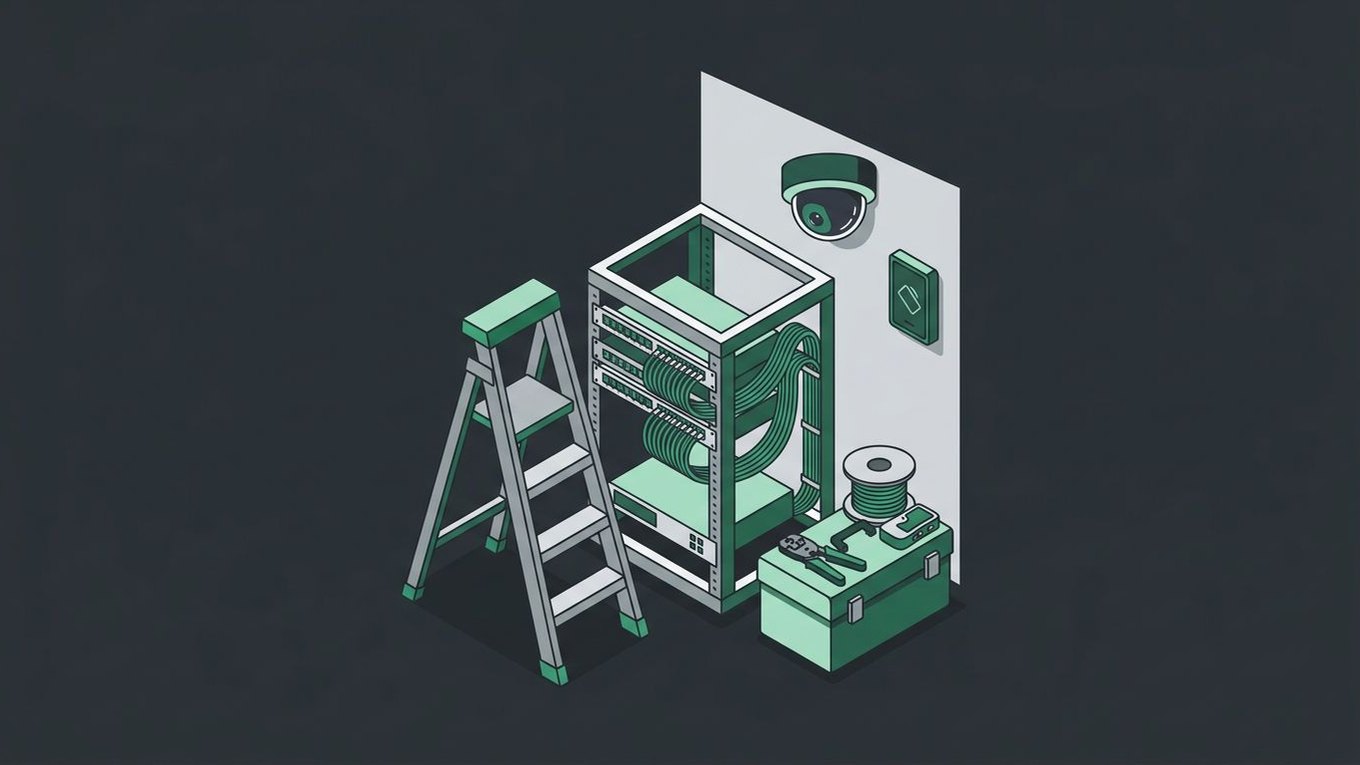 Illustration of a ladder, network rack, cable spool, tools, camera, and card reader