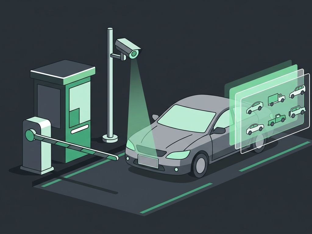 Illustration of a license plate recognition camera scanning a car at a gated entrance, with a searchable vehicle panel