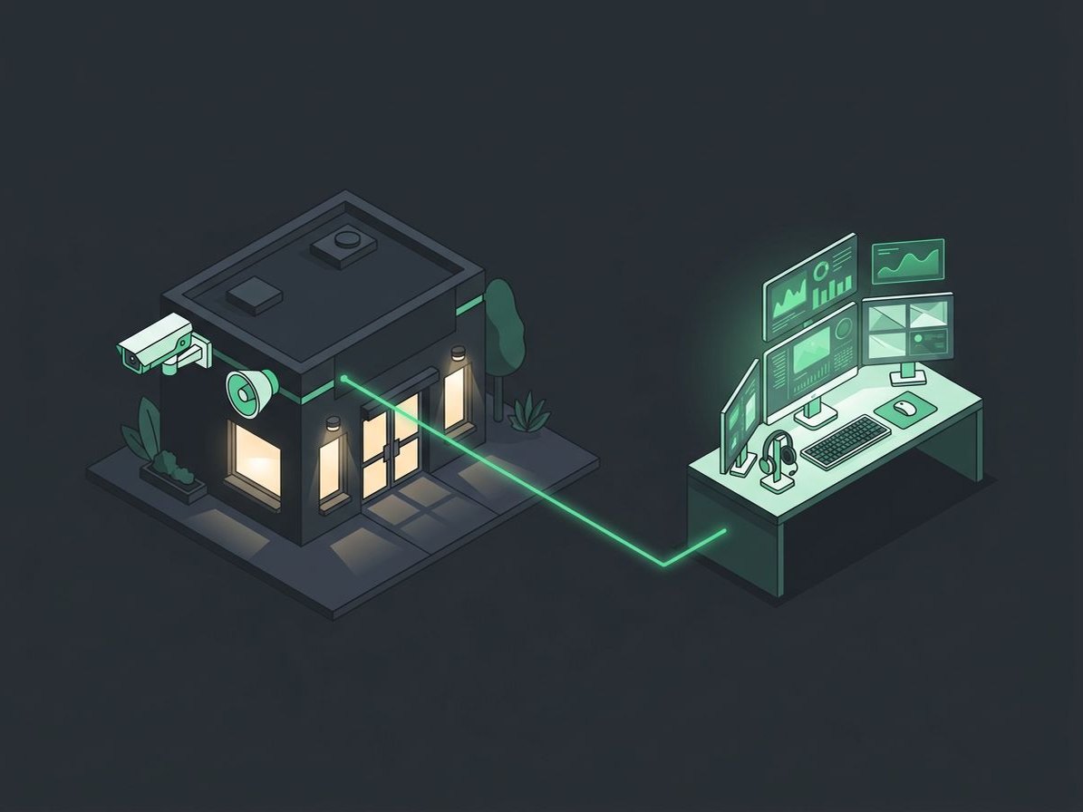 Illustration of a building at night with a camera and speaker, linked to a remote monitoring desk