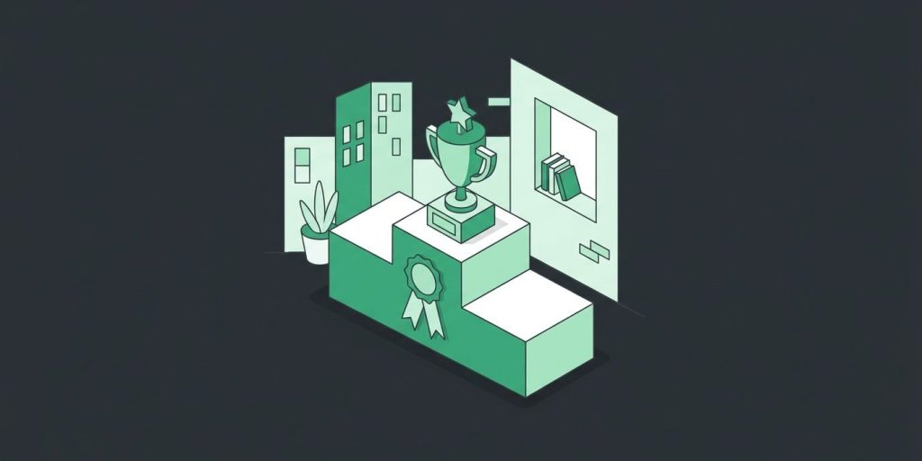 Gear Spinners Takes Third at the First SMARTstart Business Challenge cover illustration Illustration: a third-place trophy and a ribbon on a podium in front of a small startup office