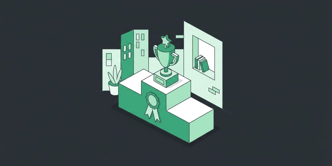 Illustration: a third-place trophy and a ribbon on a podium in front of a small startup office
