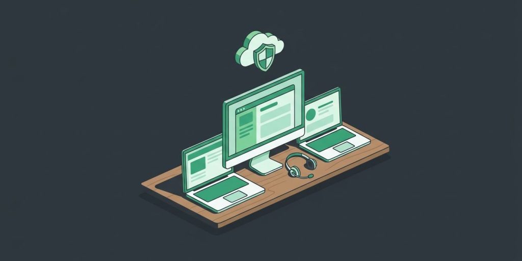 Managed IT Services for Small Businesses cover illustration Illustration: a small business desk with two laptops, a monitor, and a help desk headset under a cloud with a shield