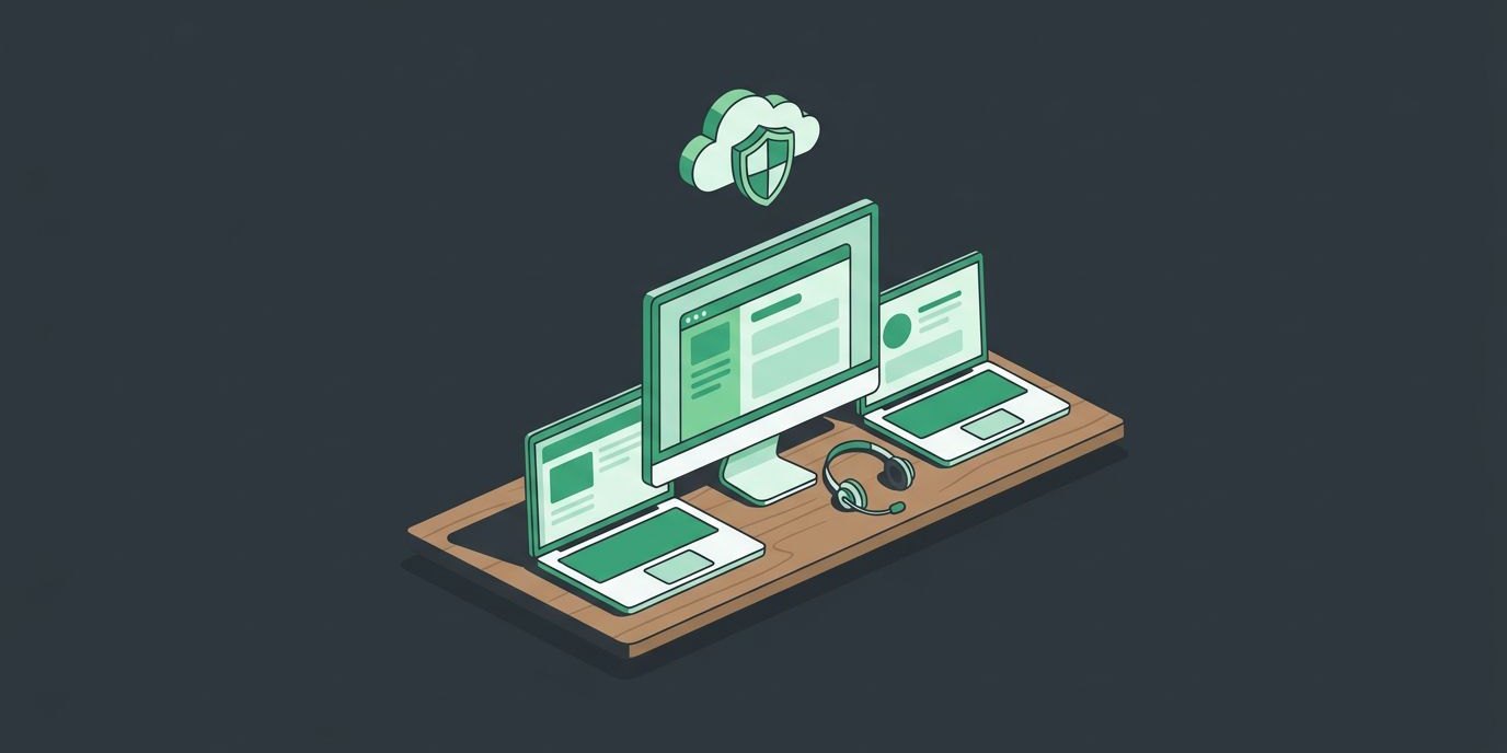 Illustration: a small business desk with two laptops, a monitor, and a help desk headset under a cloud with a shield