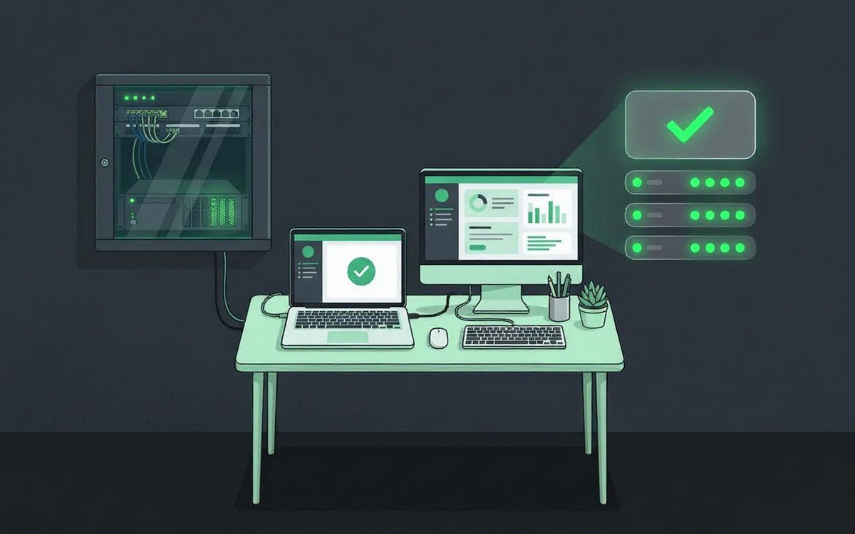 Illustration of an office desk with a laptop and monitor, a network cabinet, and a status panel with green checkmarks