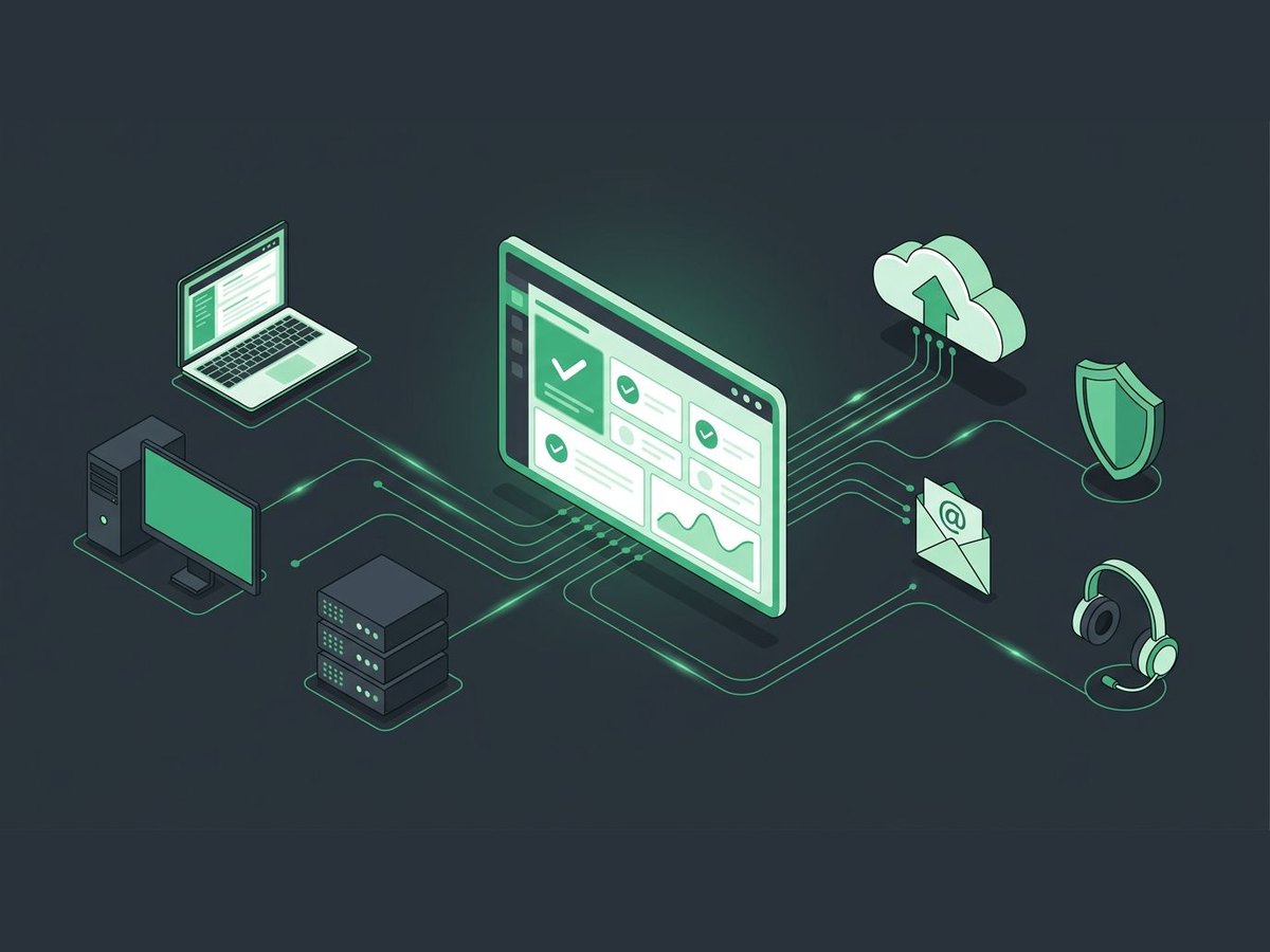 Illustration of a monitoring dashboard connected to computers, a server, the cloud, email, and a help desk headset