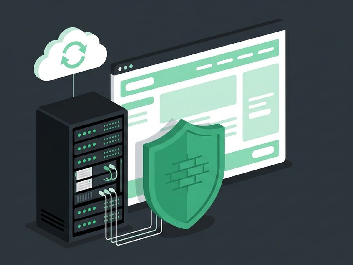 Illustration of a website protected by a shield, connected to a server rack and a cloud backup