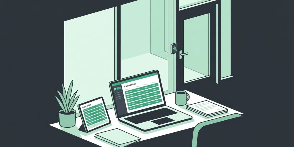 Managers Can Instantly View Resident Access Activity cover illustration Illustration: a property manager's laptop and tablet showing access activity, with a lobby card reader door beyond