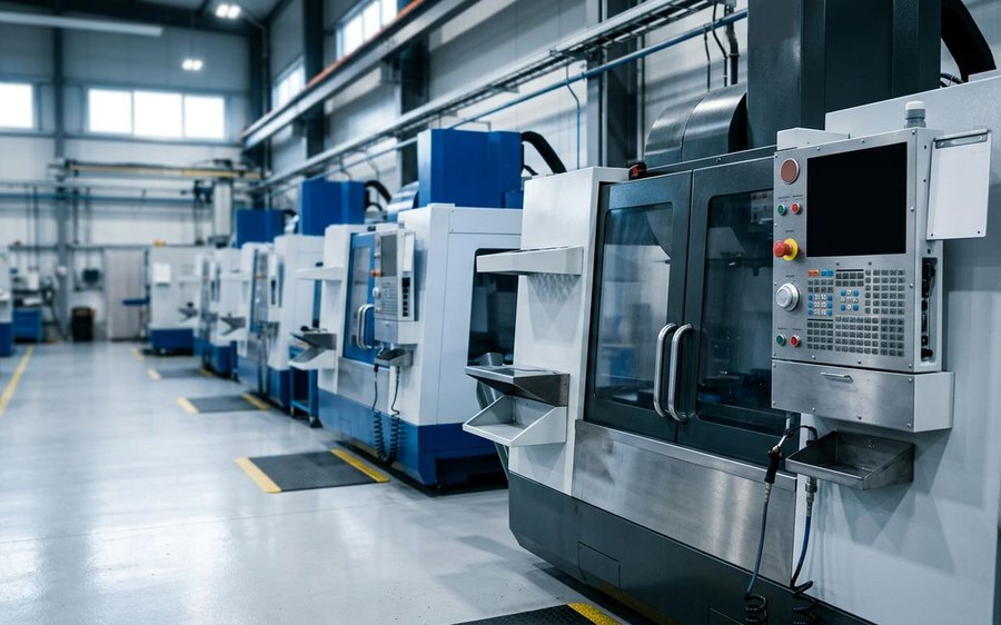 Clean manufacturing floor with a row of CNC machines