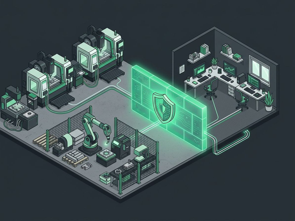Illustration of a factory floor and an office separated by a firewall wall with a shield