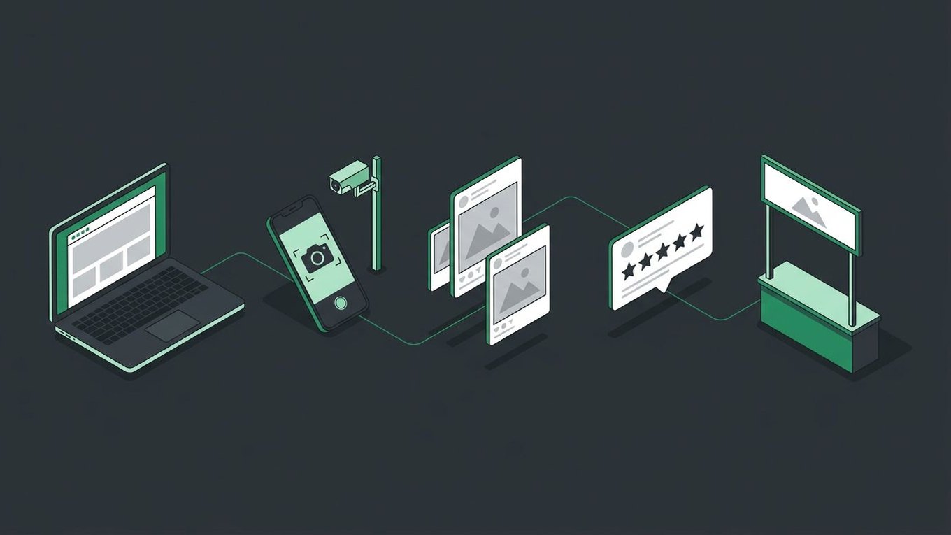Illustration of a website, a phone camera, social posts, a five-star review, and an event booth