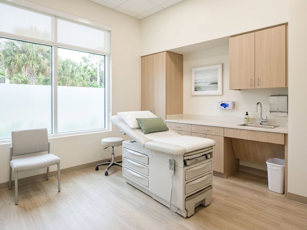 Bright, modern medical exam room with an exam table, cabinetry, and a large window