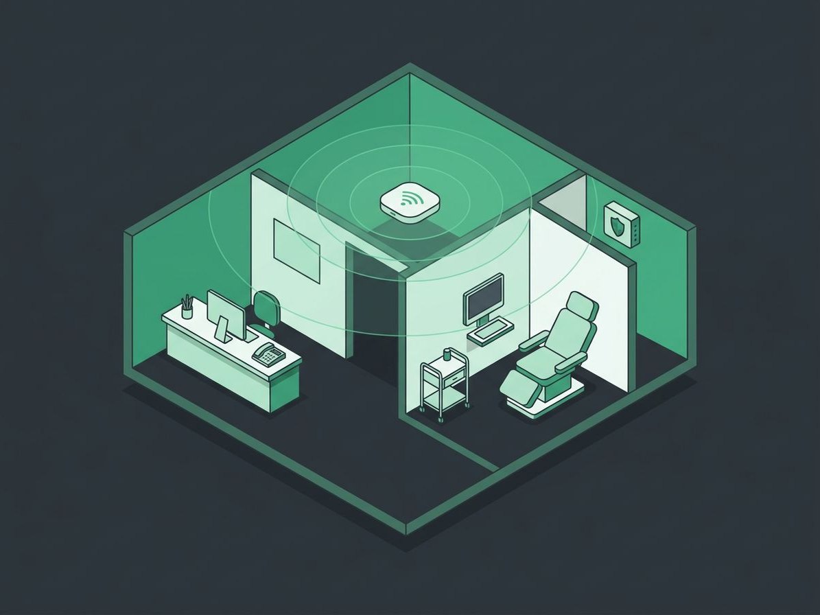Illustration of a medical office front desk and exam room covered by one ceiling WiFi access point, with a firewall shield