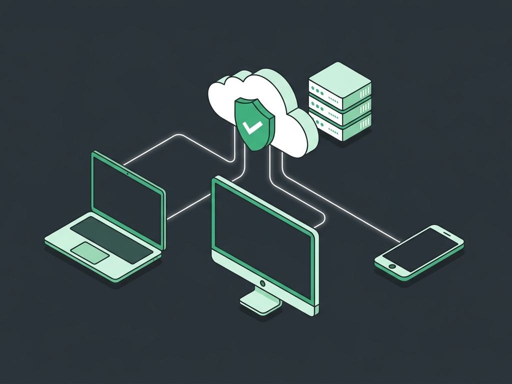 Illustration of a laptop, monitor, and phone linked to a cloud with a green checkmark shield
