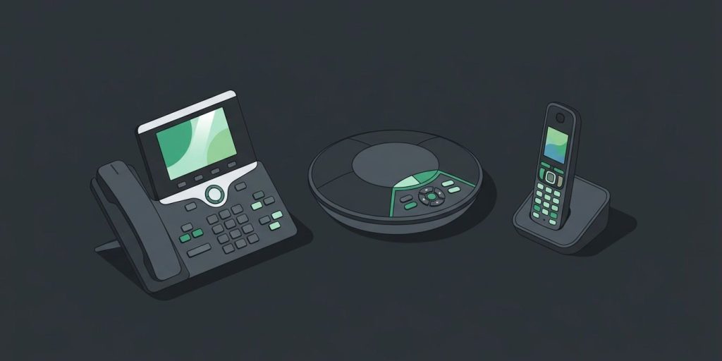 Modern Business Phone Systems for Growing Businesses cover illustration Illustration: a modern color desk phone, a conference phone, and a cordless handset arranged together on a desk