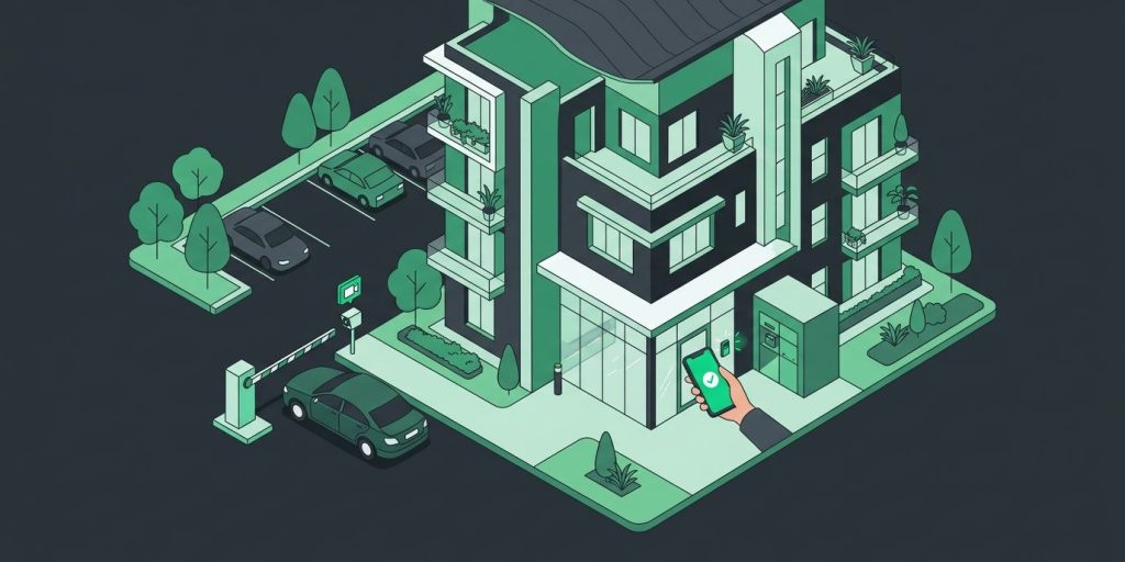 Multifamily security Illustration of an apartment community with mobile access at the lobby door and a parking gate