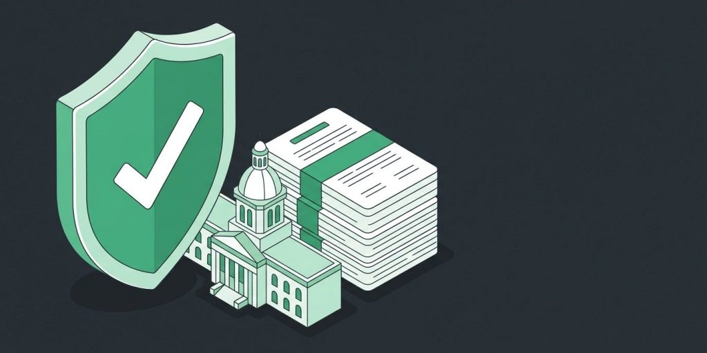 Florida’s Cybersecurity Safe Harbor Bill: What It Means for Your Business cover illustration Illustration: a shield with a check mark in front of a stack of compliance documents and a small Florida capitol building