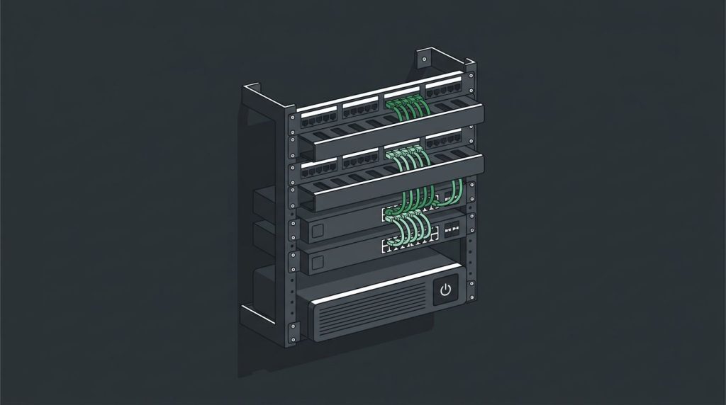 Illustration of a neat wall-mounted network rack with patch panels, cable managers, and a switch