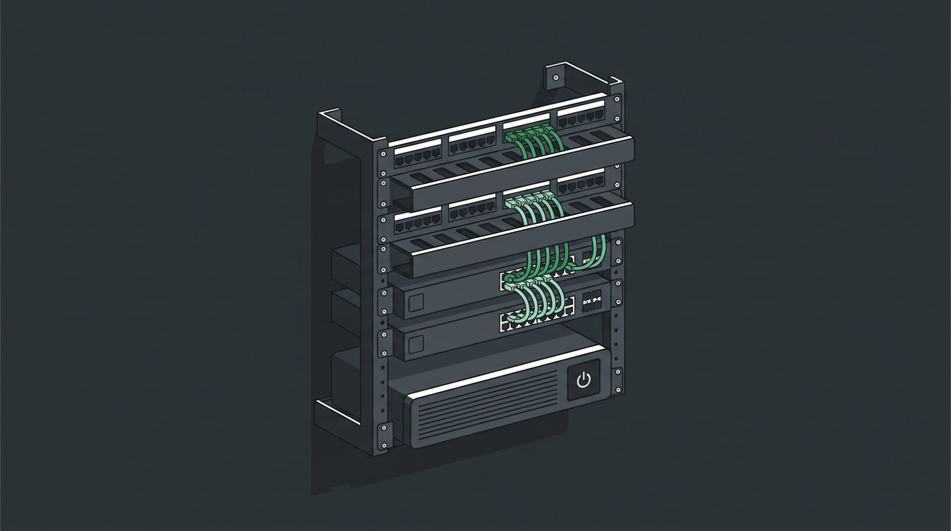 Illustration of a neat wall-mounted network rack with patch panels, cable managers, and a switch