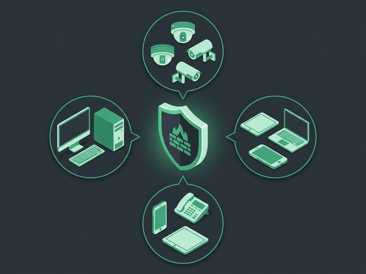 Illustration of a firewall shield with separate network groups for cameras, phones, office computers, and guest devices