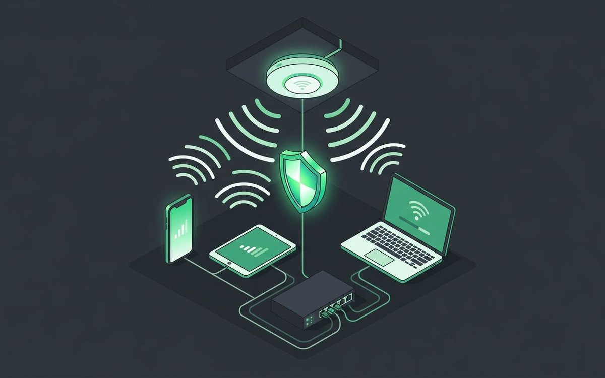 Illustration of a ceiling WiFi access point reaching a laptop, phone, and tablet, with a firewall shield and switch