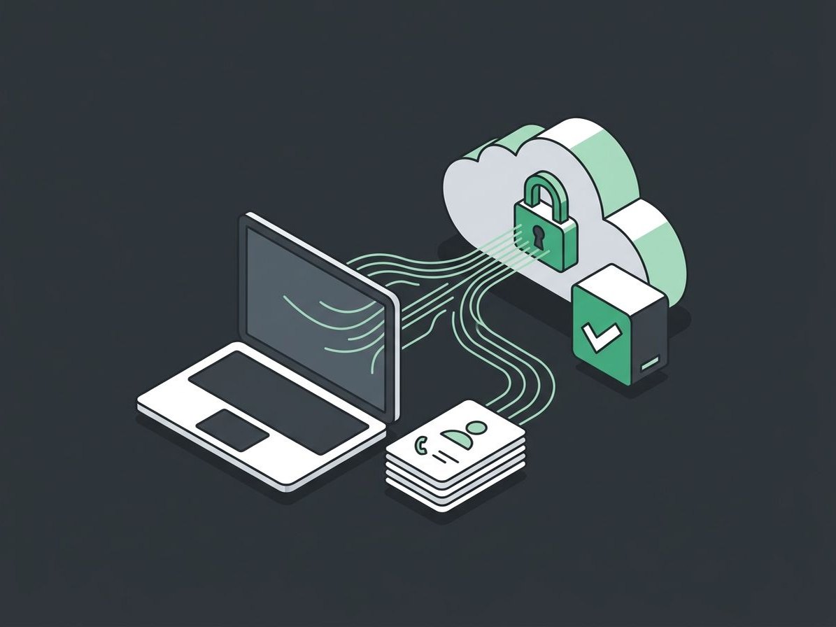Illustration of a laptop and contact cards backing up to a locked cloud and an onsite backup device