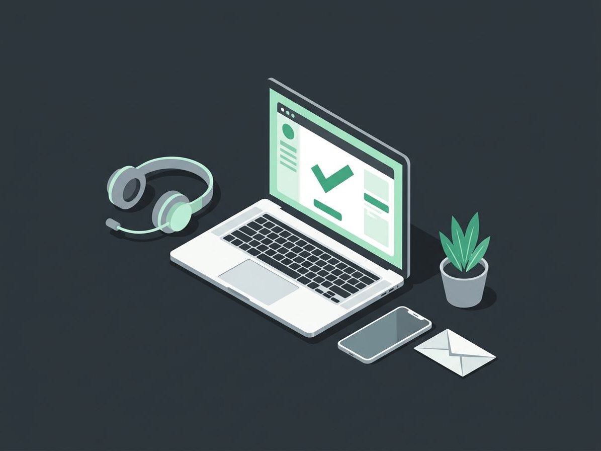 Illustration of a headset beside a laptop showing a remote support session with a green checkmark
