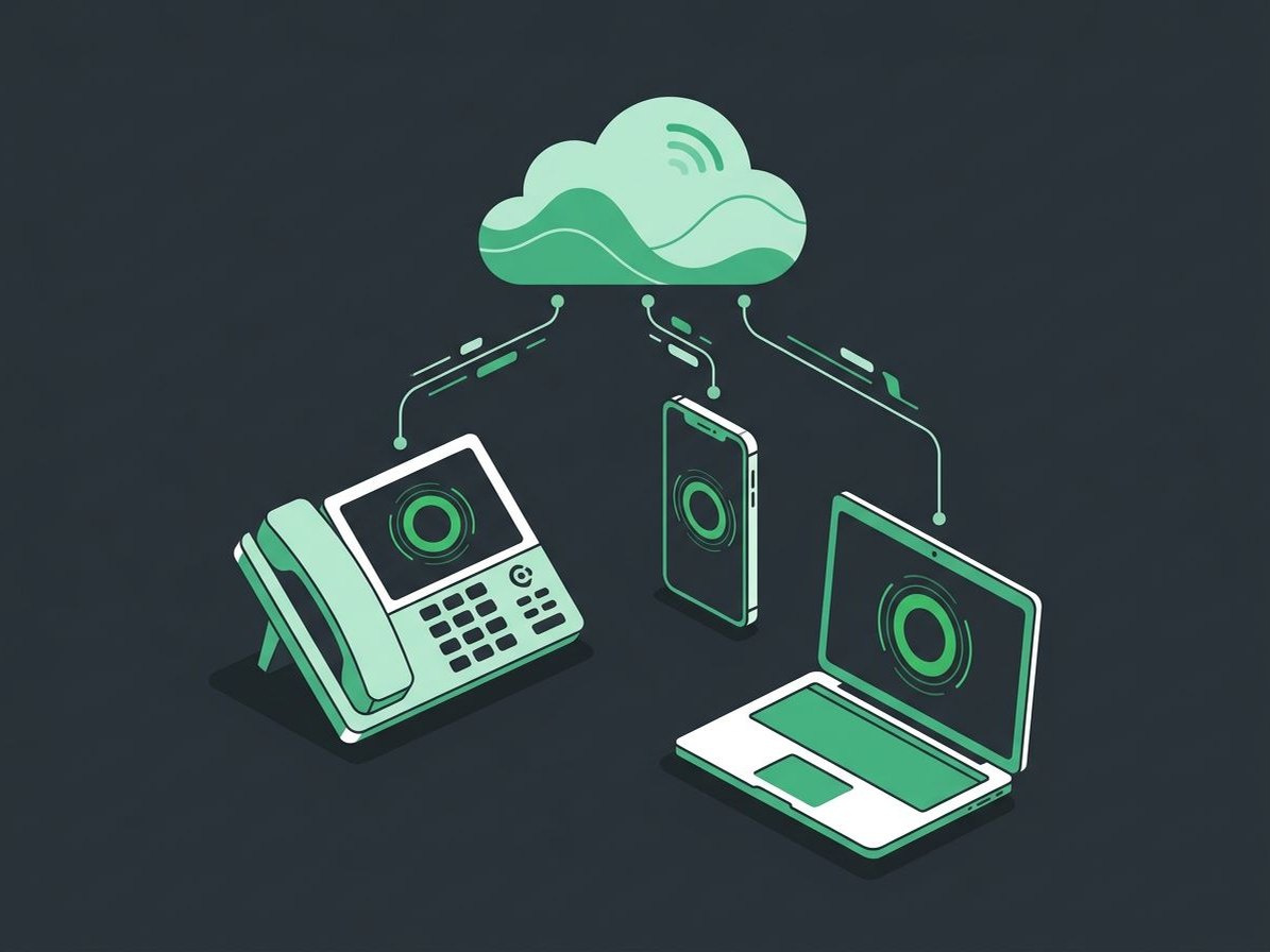 Illustration of a desk phone, smartphone, and laptop all ringing from the same cloud phone line