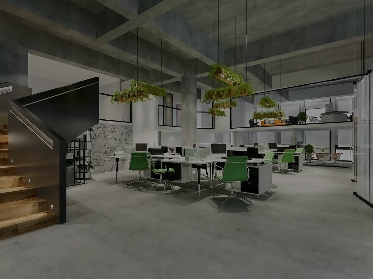 Modern office interior with an open ceiling and exposed beams