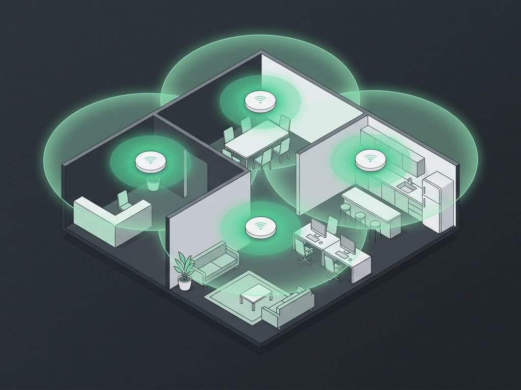 Illustration of an office floor plan with ceiling access points and overlapping WiFi coverage