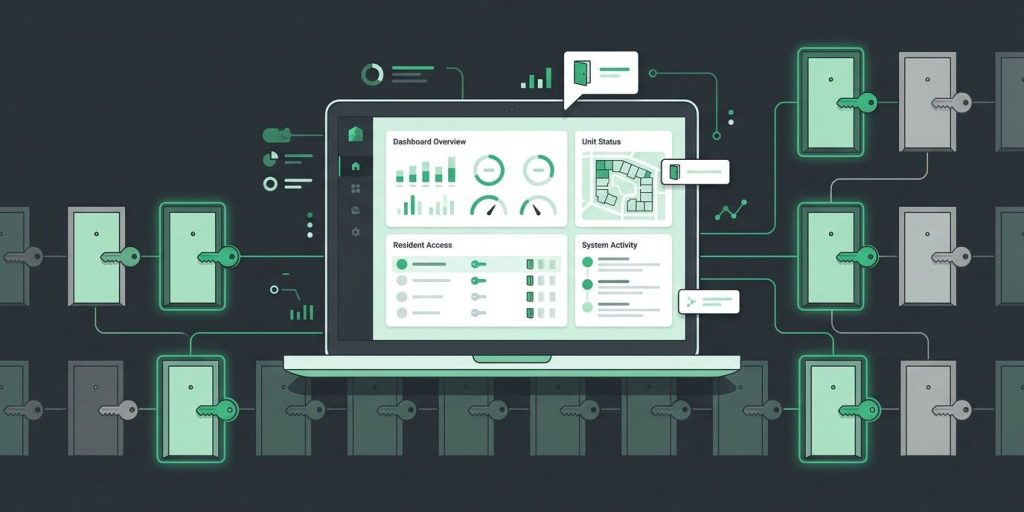 One Unified Property Management Solution Using Brivo cover illustration Illustration: a property management dashboard on a laptop linked to apartment building doors