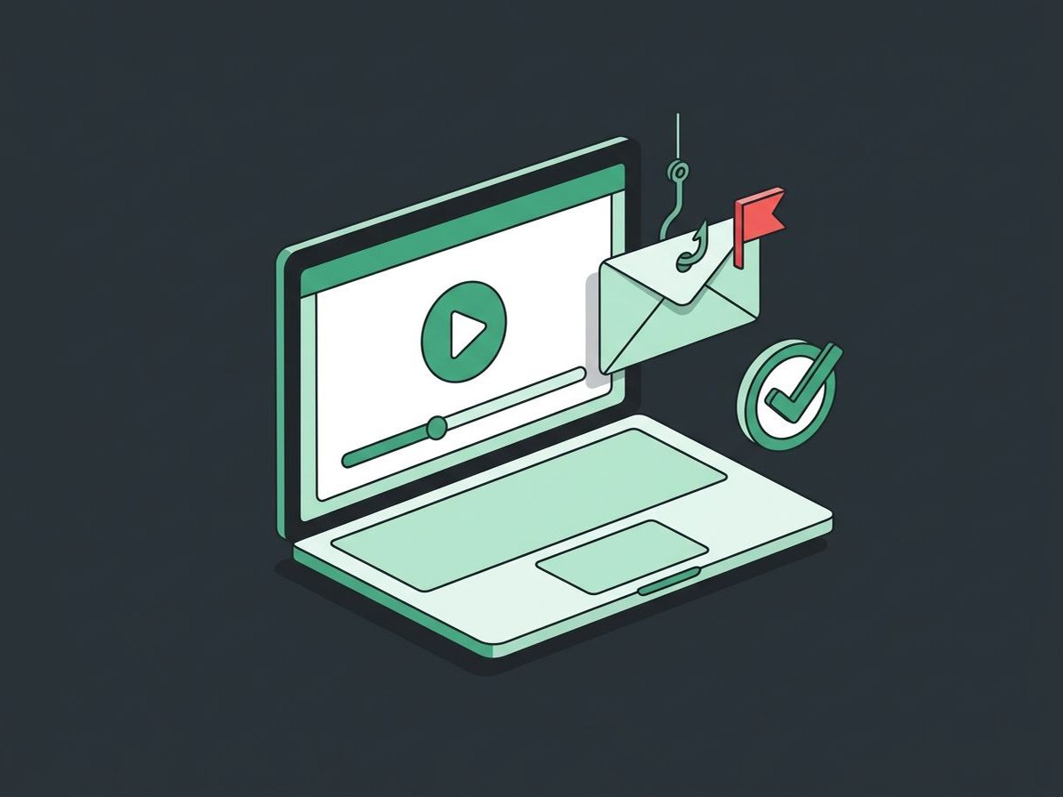 Illustration of a laptop with a phishing email on a hook, flagged and caught with a green checkmark