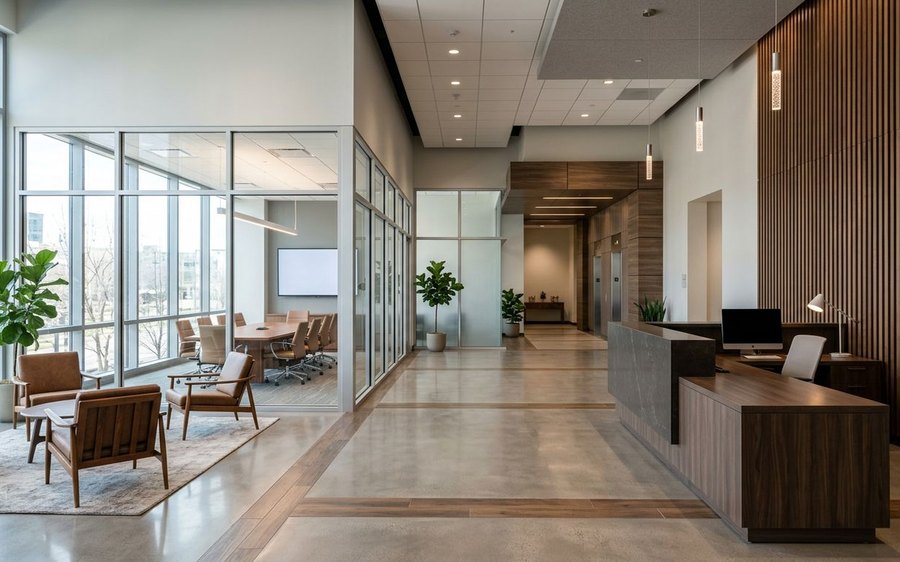 Modern professional office lobby with a reception desk and glass meeting room