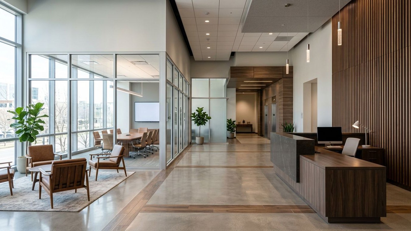 Modern professional office lobby with a reception desk and glass meeting room