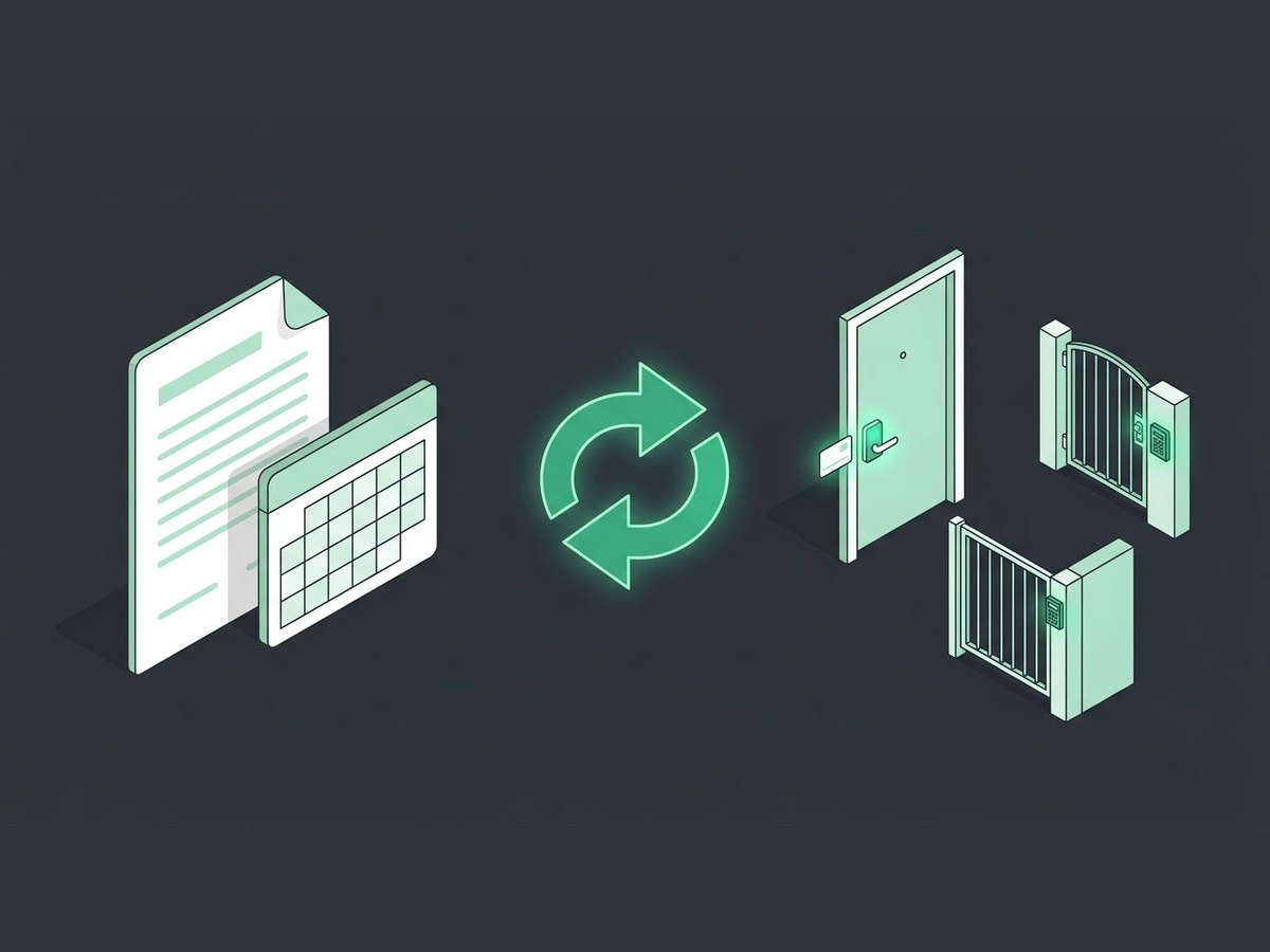 Illustration of a lease and calendar syncing to an apartment door, a community gate, and a pool gate