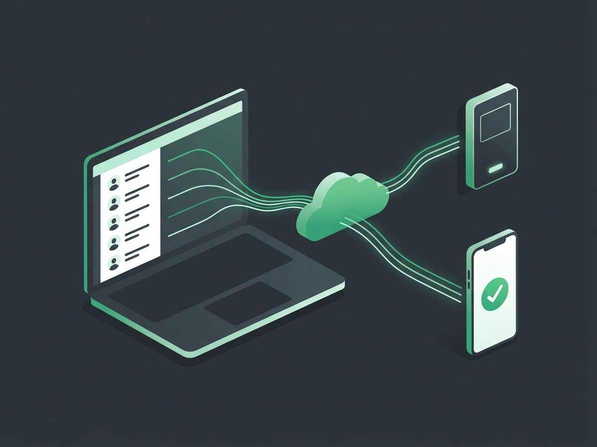 Illustration of a laptop resident list syncing through the cloud to a door reader and a phone credential