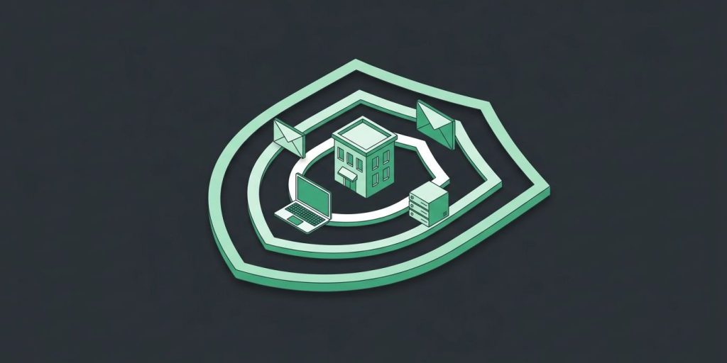 Protection for Businesses: Managed IT & Cybersecurity Services cover illustration Illustration: layered concentric shields around a small office building
