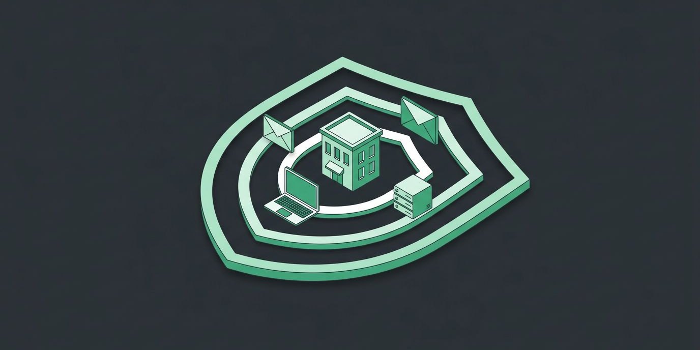 Illustration: layered concentric shields around a small office building