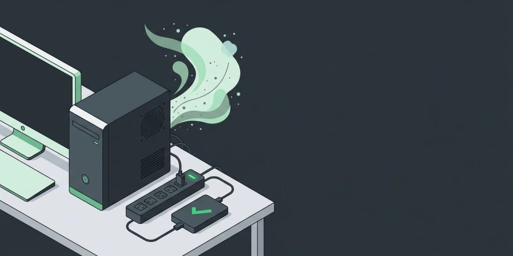 Quick Tips to Avoid a PC Repair cover illustration Illustration: a desktop computer being cleaned of dust, a surge protector, and an external backup drive with a green check