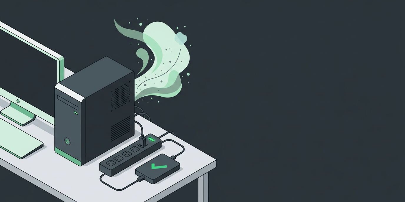 Illustration: a desktop computer being cleaned of dust, a surge protector, and an external backup drive with a green check