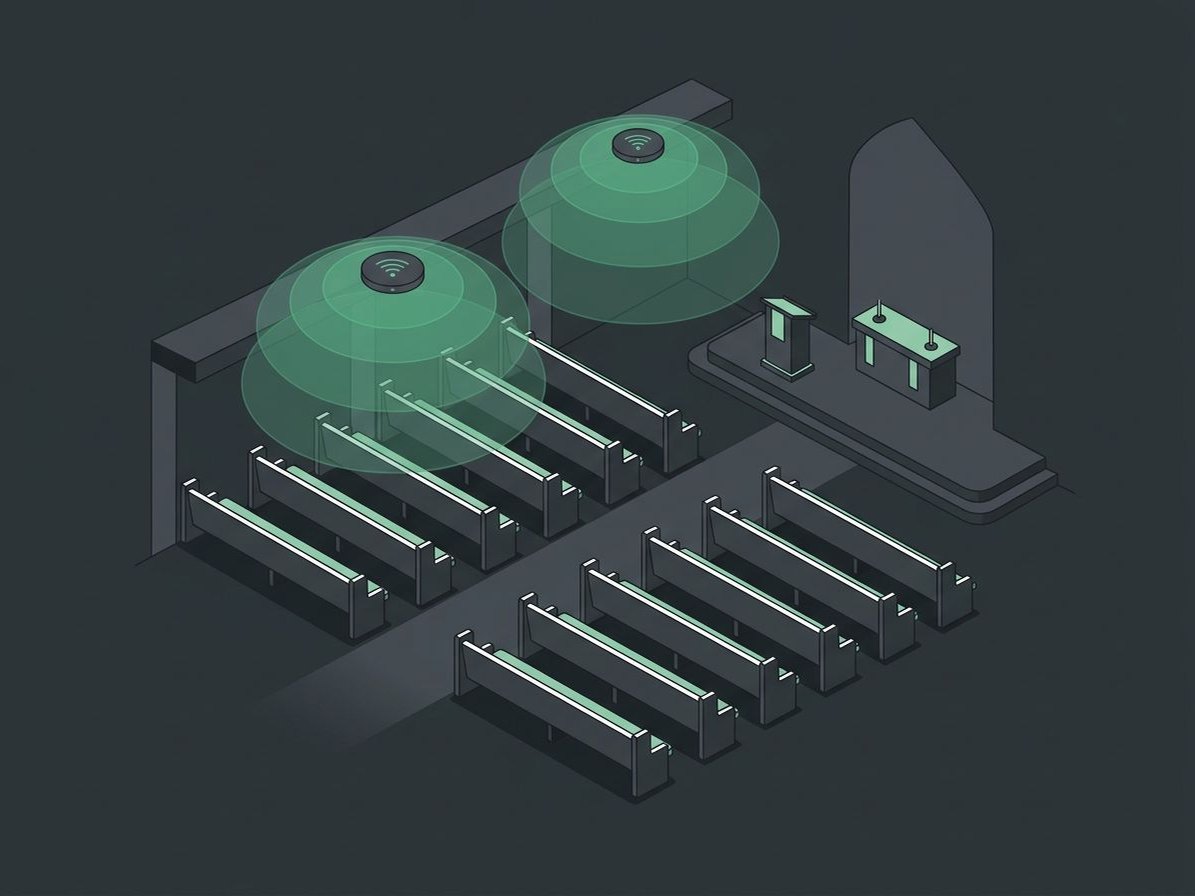 Illustration of sanctuary pews covered by two ceiling WiFi access points
