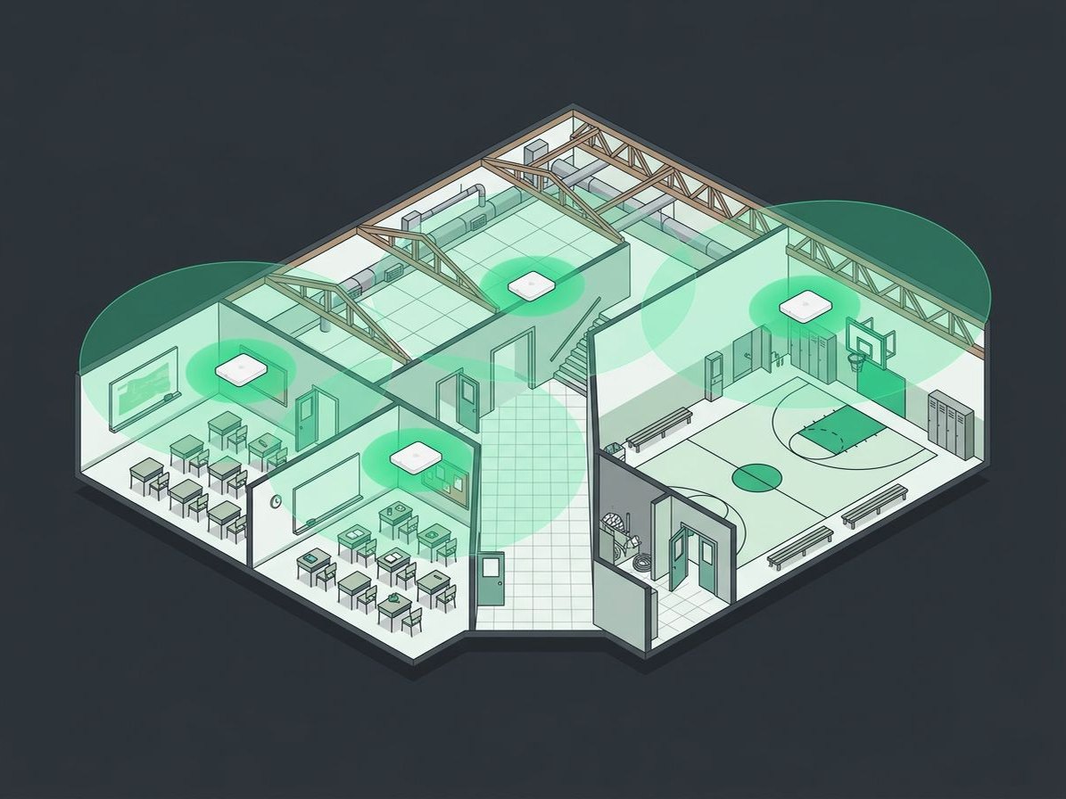 Illustration of a school wing cutaway with classrooms, a hallway, and a gym, each covered by a ceiling WiFi access point