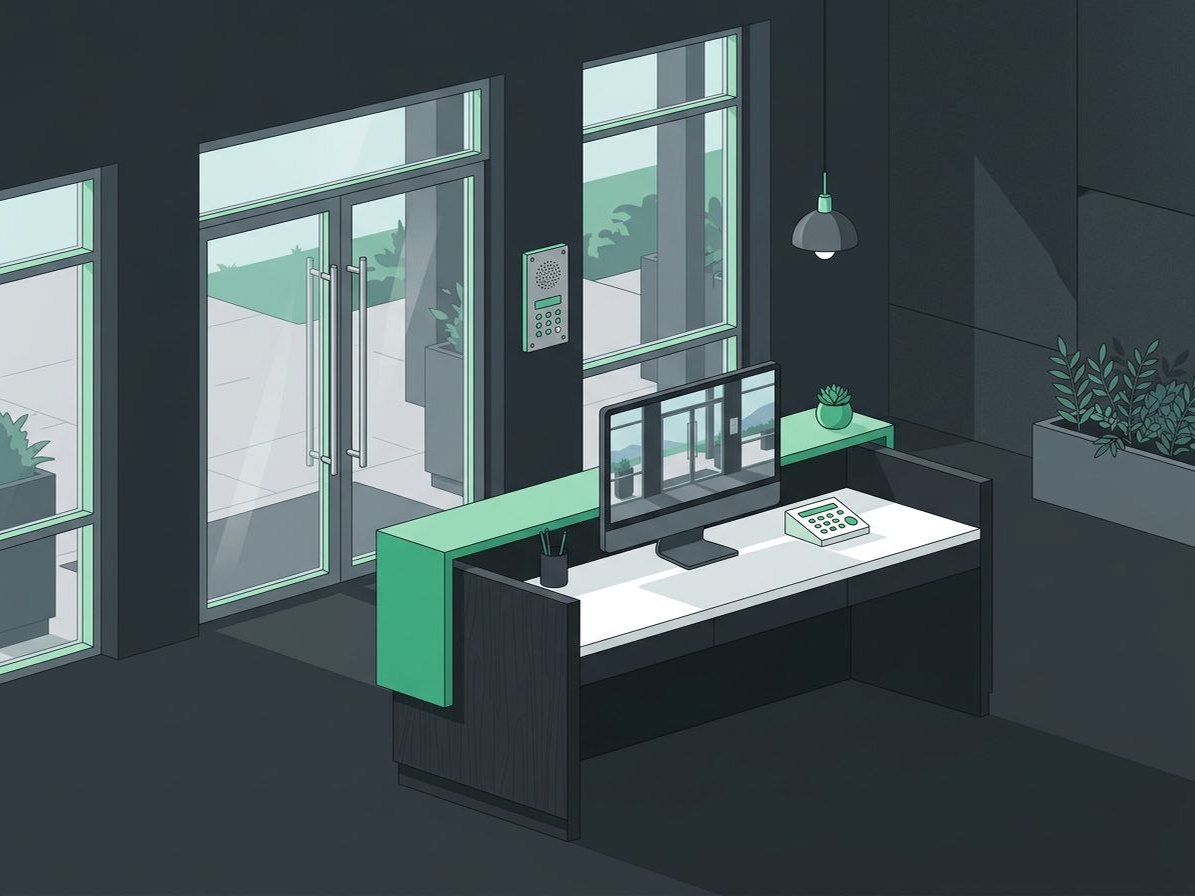 Illustration of a school front office desk with a monitor showing the entrance camera and glass entry doors with an intercom