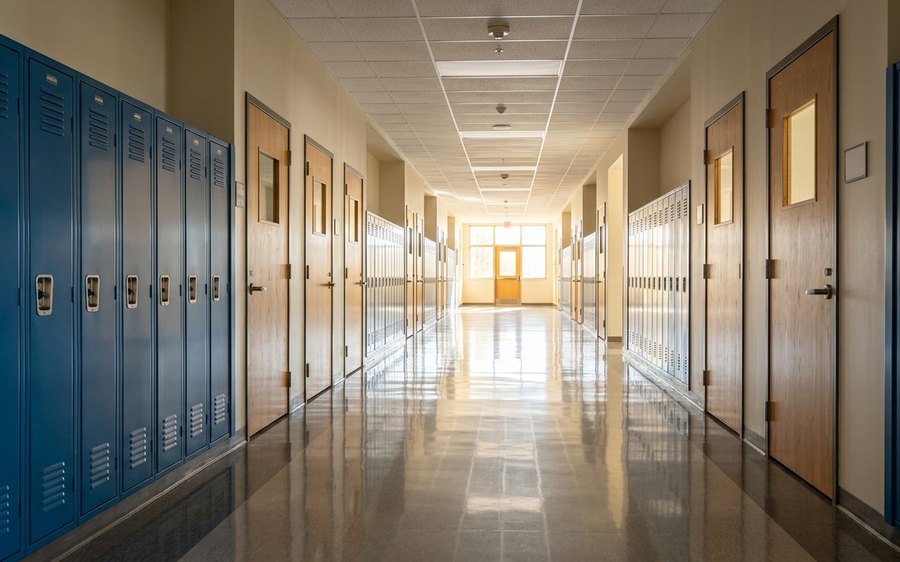 School hallway with blue lockers and classroom doors in morning light