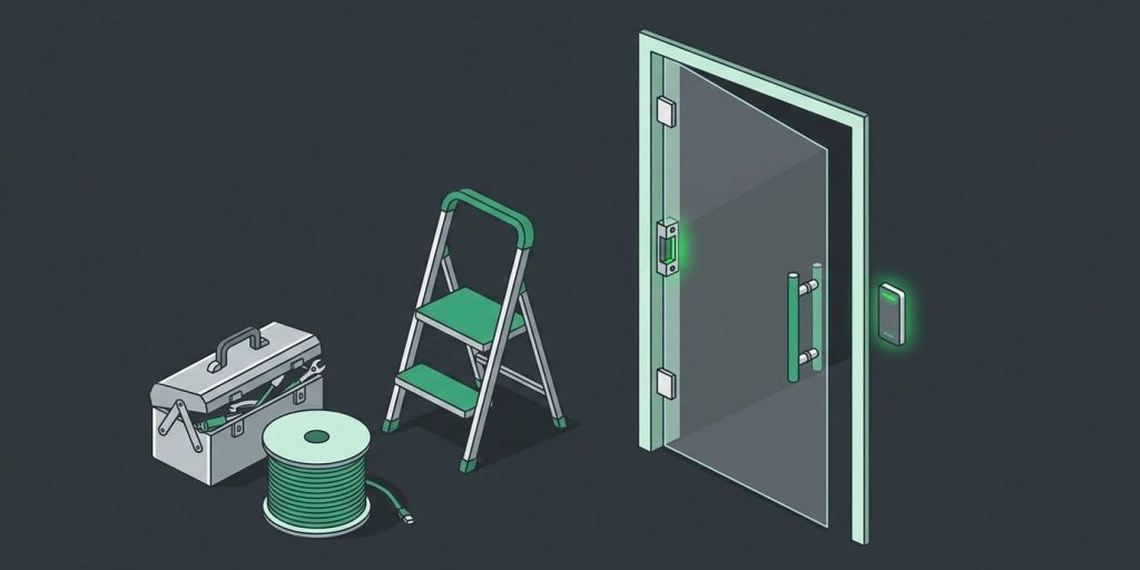 Brivo Access Control, Installed and Supported by Our Own Team cover illustration Illustration: a toolbox, cable spool, and ladder beside a glass office door with a new card reader and door strike
