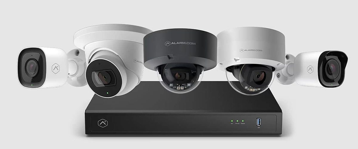 Lineup of dome and bullet security cameras with a network video recorder