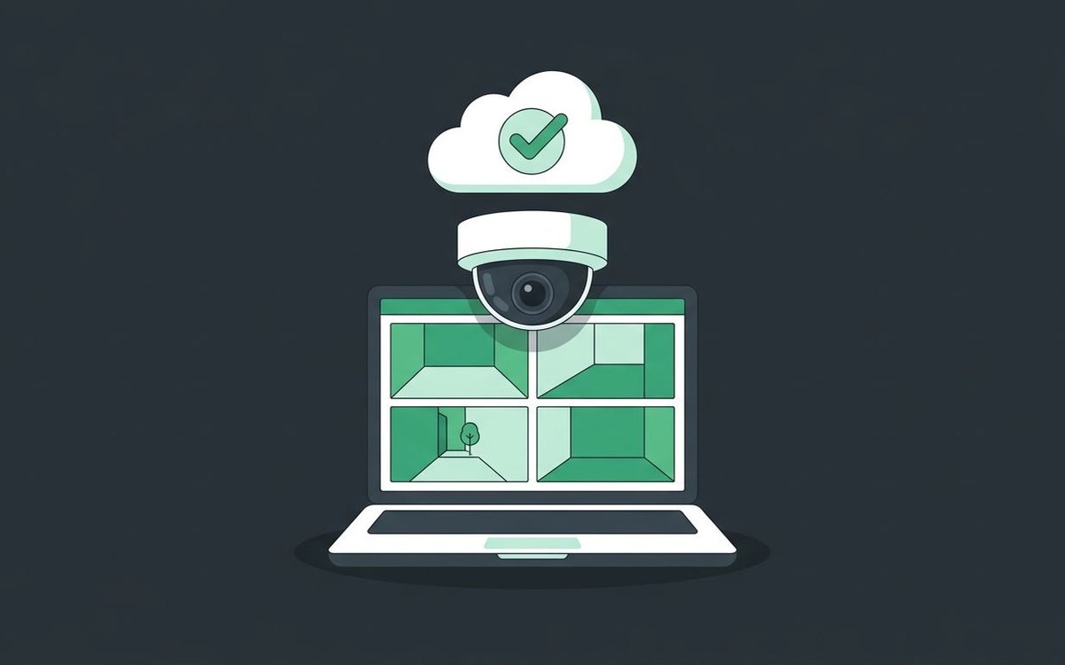 Illustration of a dome camera above a laptop showing four camera views, with a cloud checkmark