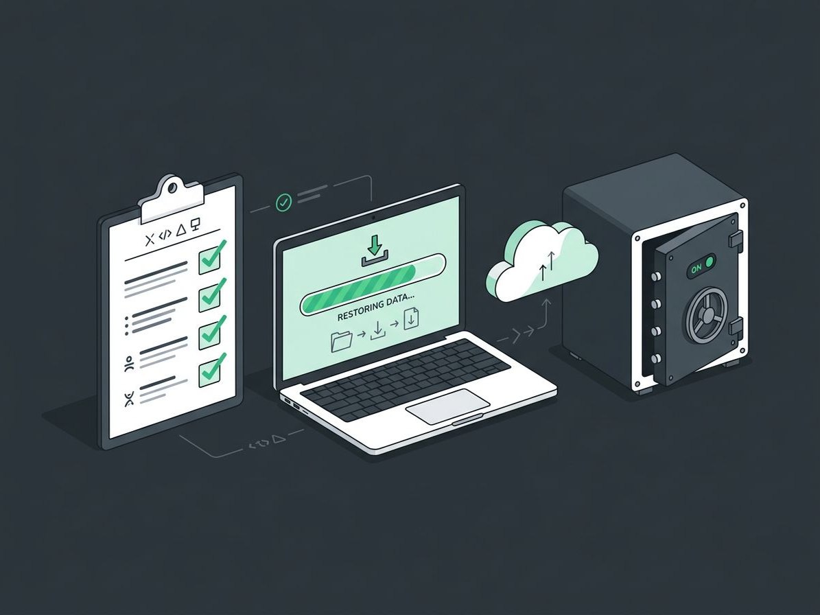 Illustration of a checklist with green checkmarks beside a laptop, a cloud, and an off-site vault