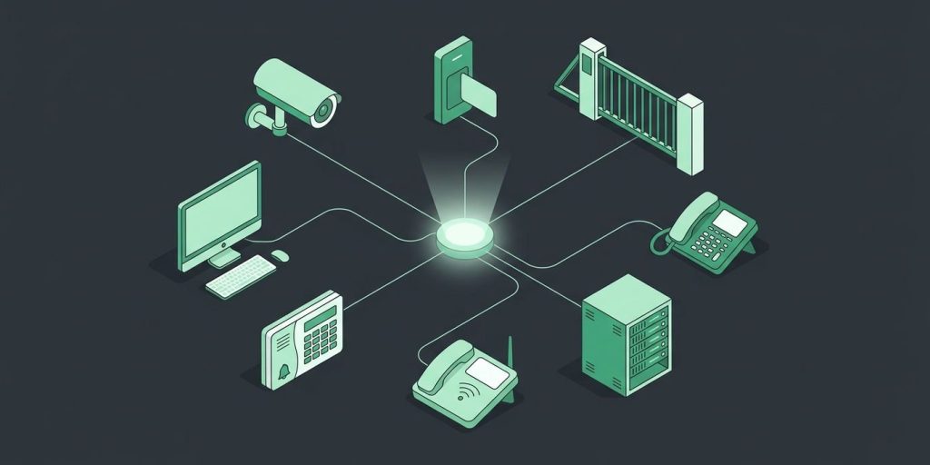 Simplify Your Business Technology with One Trusted Partner cover illustration Illustration: a central hub linked to cameras, a card reader, a gate, a desk phone, WiFi, a network rack, and a computer